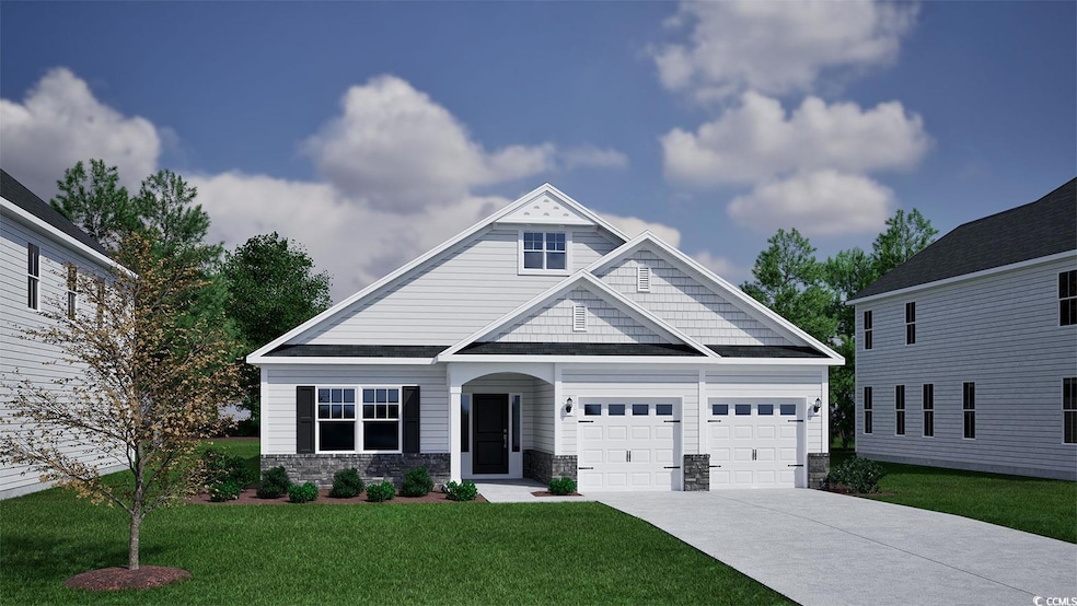 Craftsman-style house with a front lawn, an attached garage, driveway, and stone siding