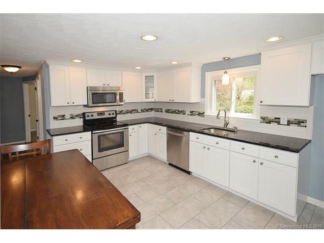 Kitchen with granite counters and tile back splash