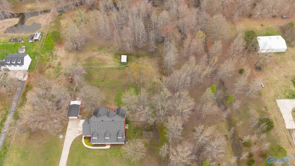 Thin line on left near White House is livestock fencing and runs almost to the road and goes across to Detached Garage. Thin line on right edge of photo near driveway/house is other edge of property. Separate chainlink fenced area direct behind home.