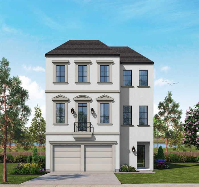 *EXTERIOR RENDERING, CORNER homesite* Sophisticated modern with clean lines of Stucco and Cast Stone, tall windows, and timeless curb appeal. This three-story design offers a striking presence with a welcoming entry and abundant natural light.