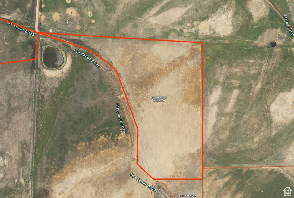 Aerial map of property and surrounding area with property boundaries highlighted
