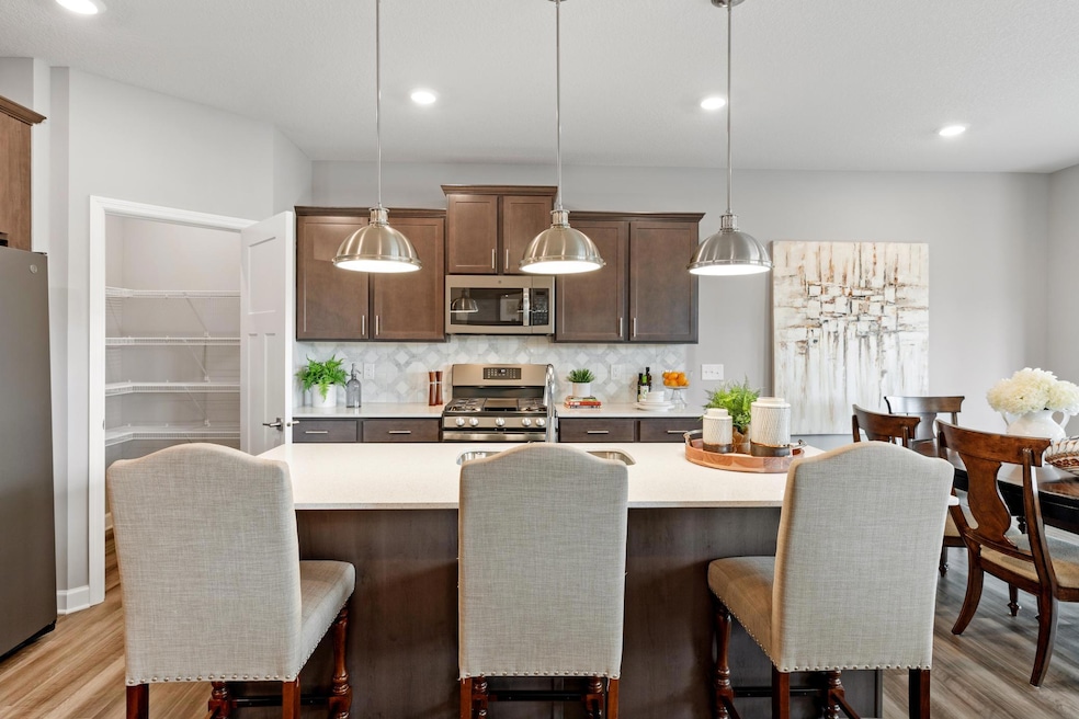 The Salem kitchen offers professional series appliances, quartz countertops, soft close cabinets, a walk-in pantry and more! (Photo of a decorated model, actual homes finishes will vary)