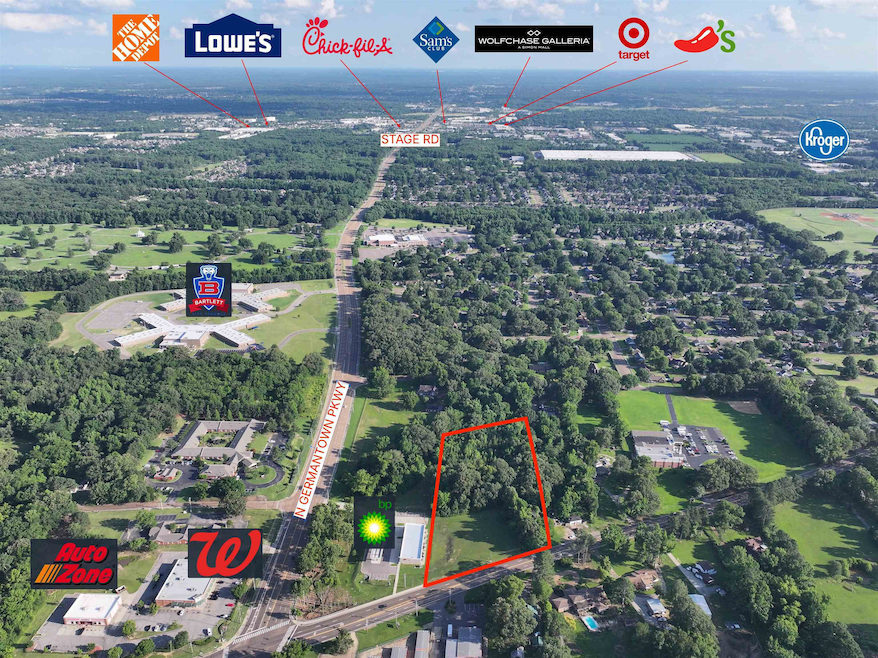 Aerial overview of property's location featuring property boundaries highlighted