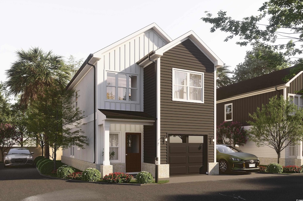 View of front facade with board and batten siding, a garage, and stone siding
