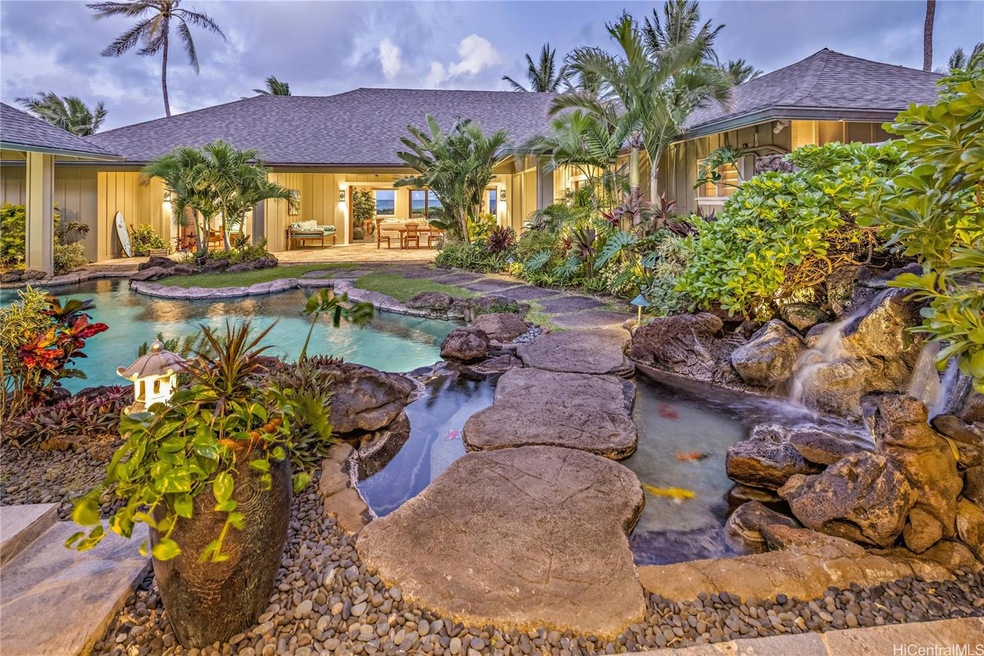 Courtyard entry with pool, waterfall and ocean vie