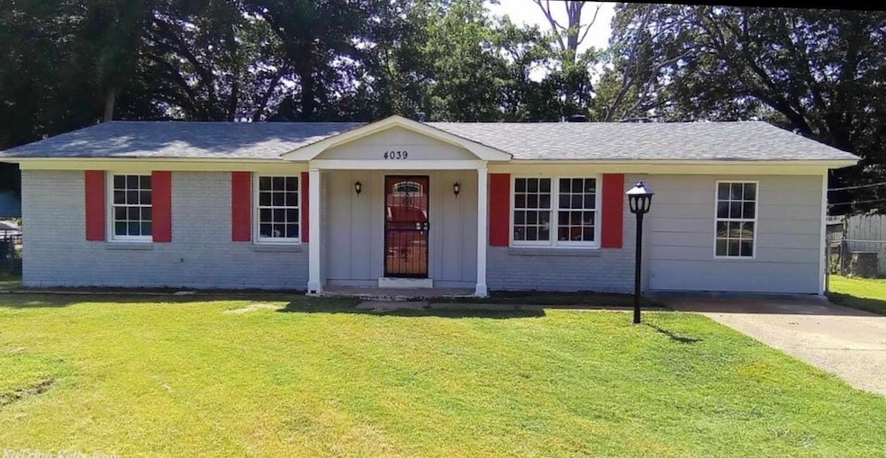 Ranch-style house featuring brick siding, a front lawn, a porch, and a shingled roof