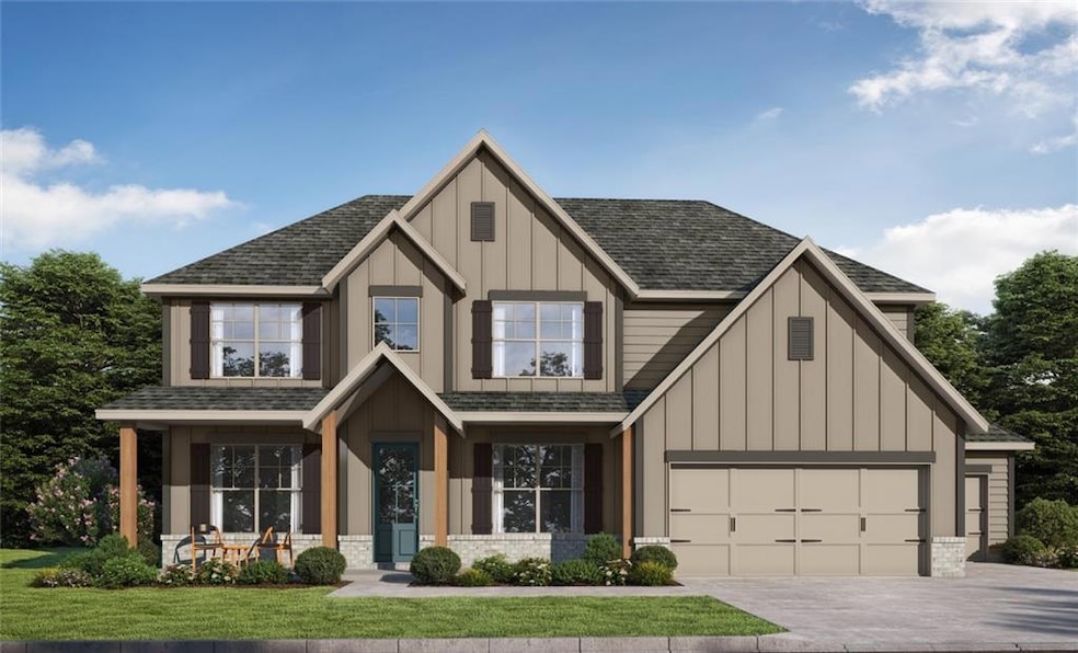 View of front of home featuring driveway, a shingled roof, board and batten siding, and a front lawn