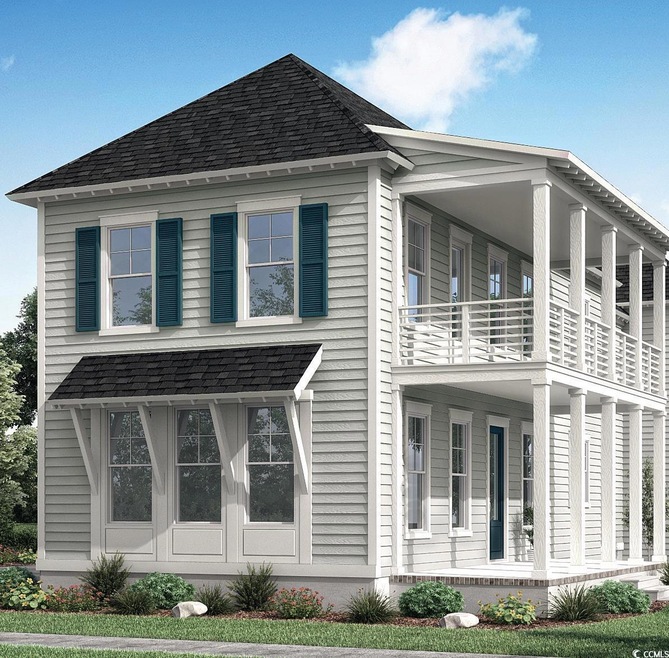 View of property exterior with a balcony, roof with shingles, and covered porch