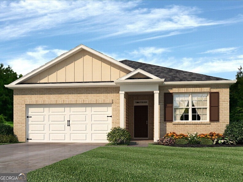 Aria front exterior rendering of ranch style elevation E at Oakleigh Glen in Dallas, GA
