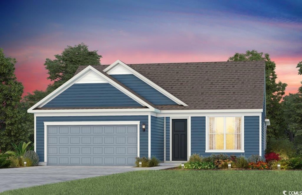 View of front of house featuring a garage, concrete driveway, a front yard, and a shingled roof