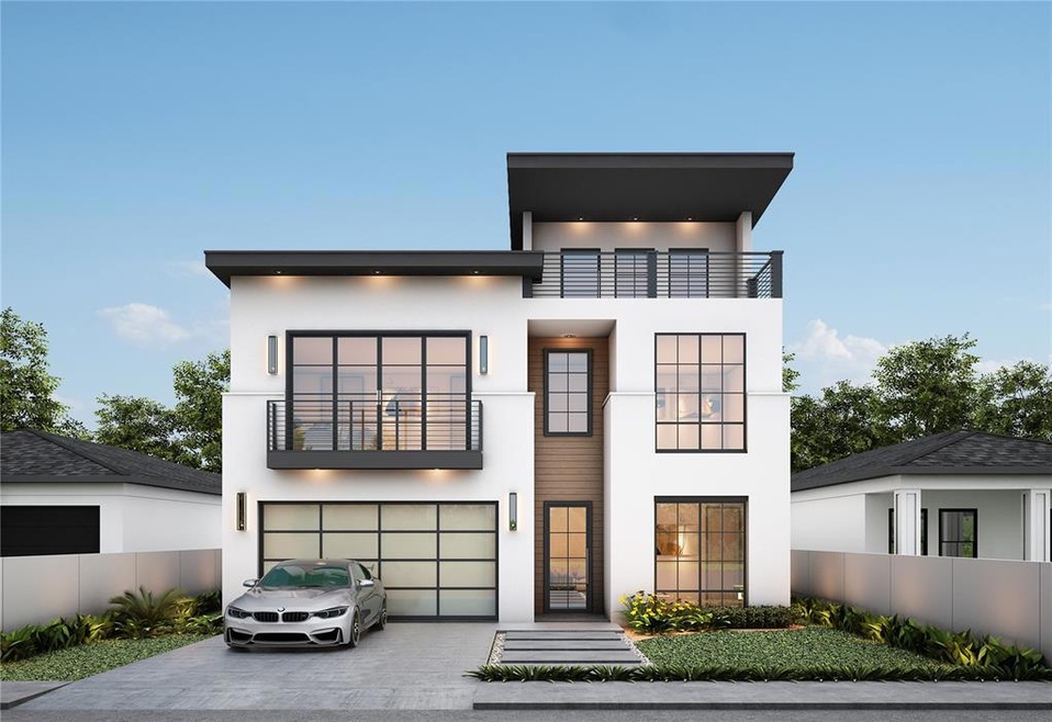 Contemporary home featuring a balcony and a garage
