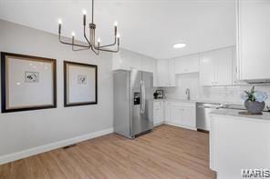 Kitchen with light countertops, white cabinetry, appliances with stainless steel finishes, light wood-style floors, and decorative light fixtures