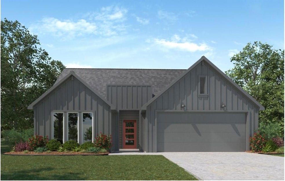 Modern farmhouse with board and batten siding, roof with shingles, driveway, a front yard, and an attached garage