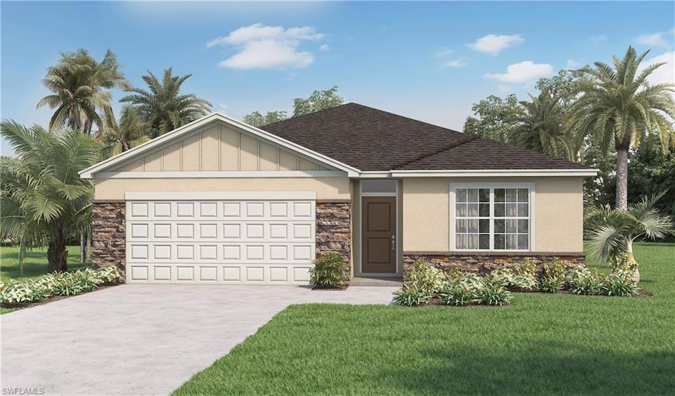 Single story home featuring driveway, stone siding
