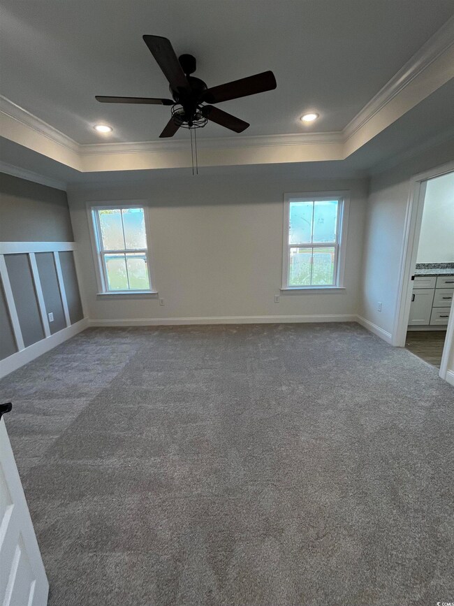 Unfurnished room featuring a raised ceiling, carpe