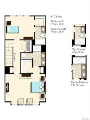 Third Floor Layout - home has the tray ceiling in the Owner's Bedroom and the Opt 6' ceramic tile shower in the owner's bath.