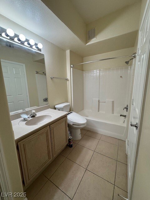 Full bath with tile patterned flooring, vanity, to