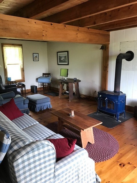 Large living room with woodstove