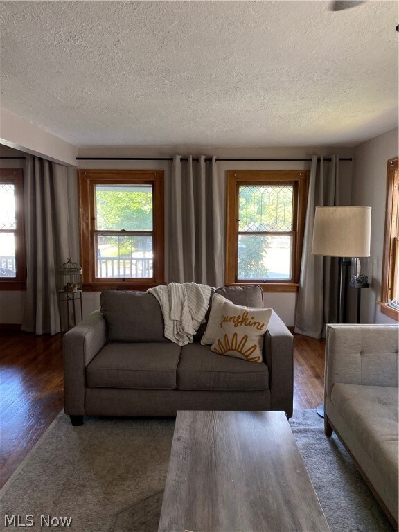 Living room featuring plenty of natural light, dark wood-type flooring, and a textured ceiling