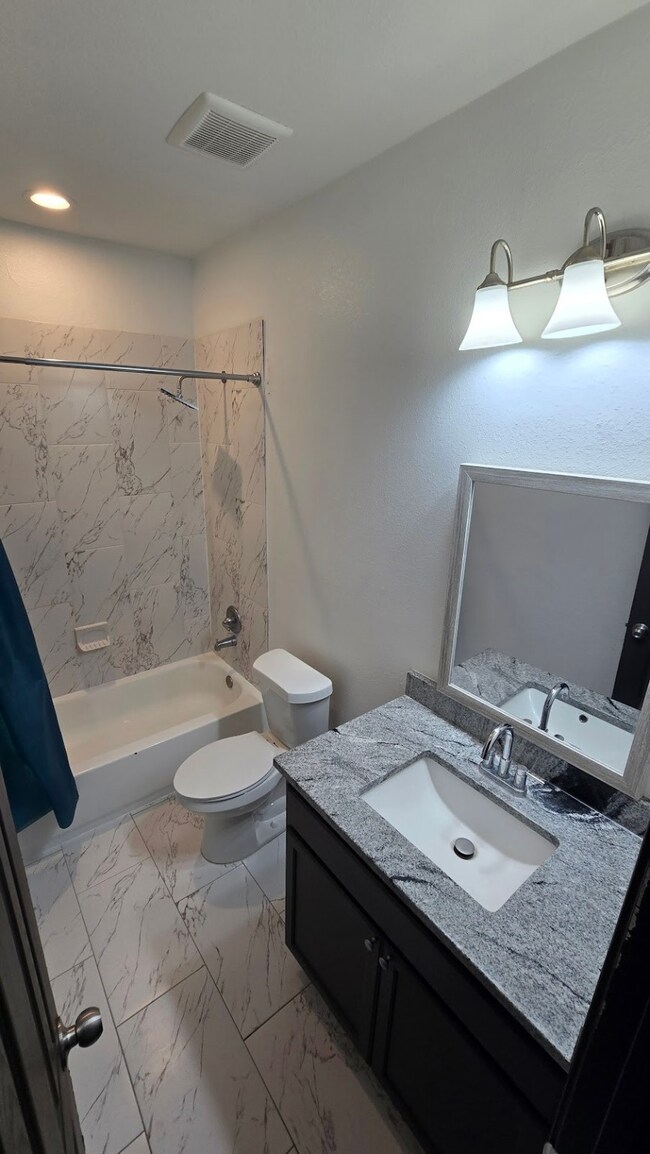 Tub Shower Combo, with a granite and big mirror.