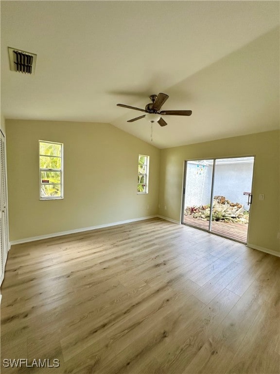 Master bedroom suite with ceiling fan, light wood-