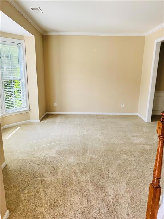 Carpeted spare room with crown molding and baseboa