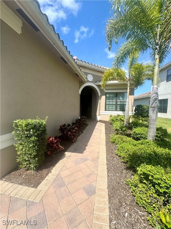 Entrance to property featuring stucco siding and a
