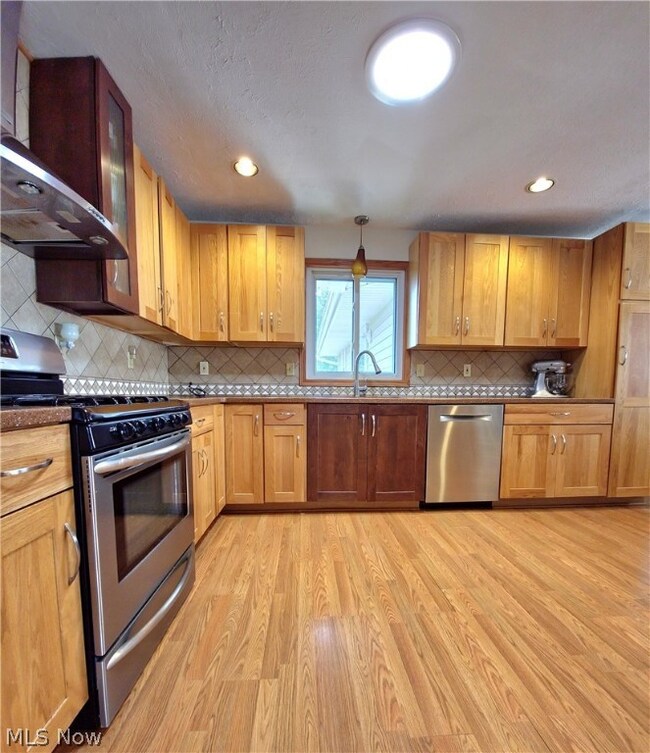 Kitchen featuring stainless steel appliances, sink, light hardwood / wood-style floors, and backsplash