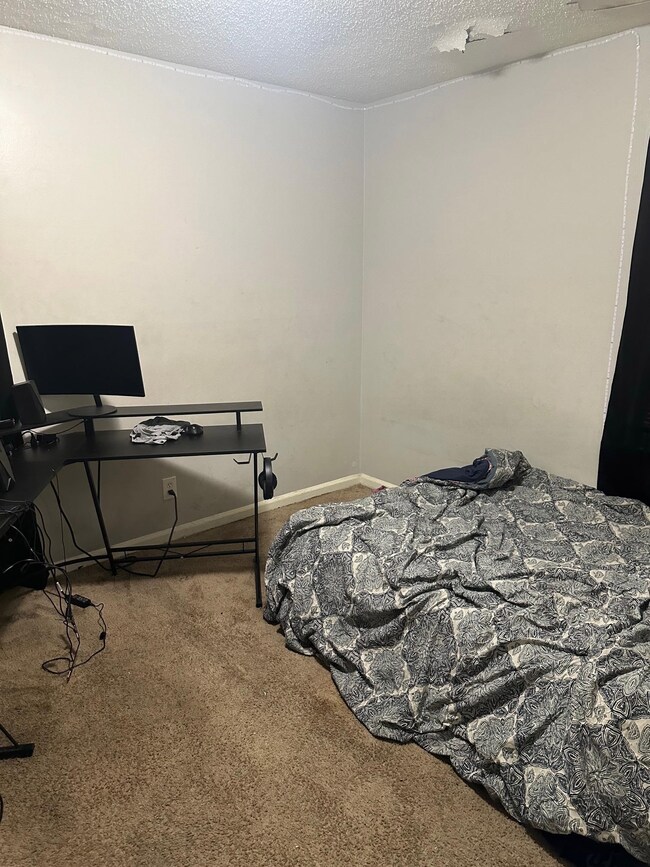 Carpeted bedroom with a textured ceiling