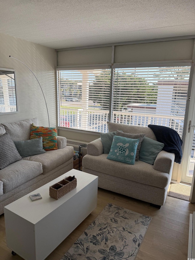 Living area featuring plenty of natural light, wood finished floors, and a textured ceiling