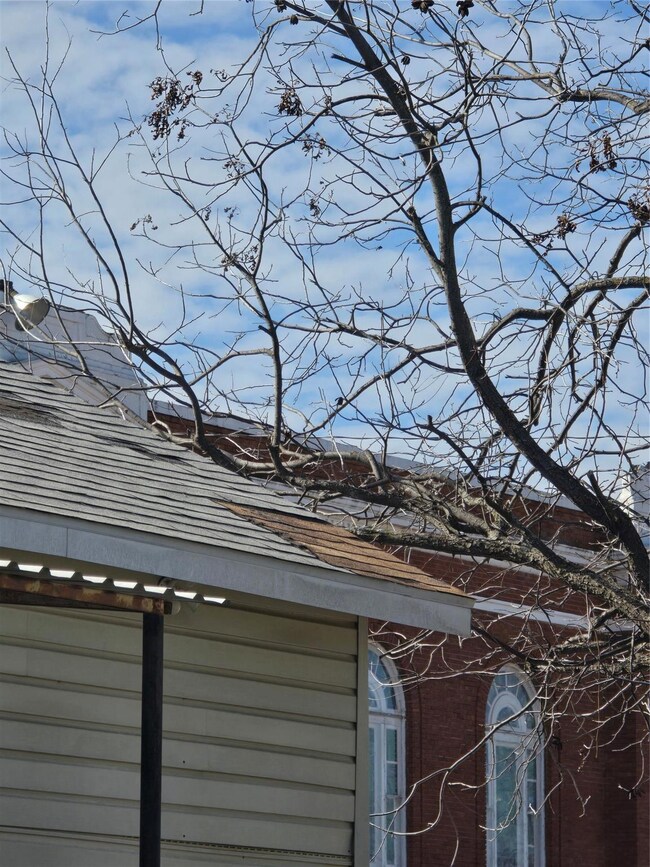 View of the roof near the storage shed, shingles m