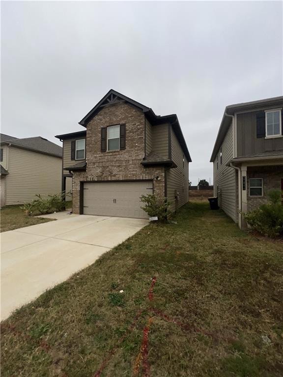 View of side of property with brick siding, an attached garage, driveway, and a lawn