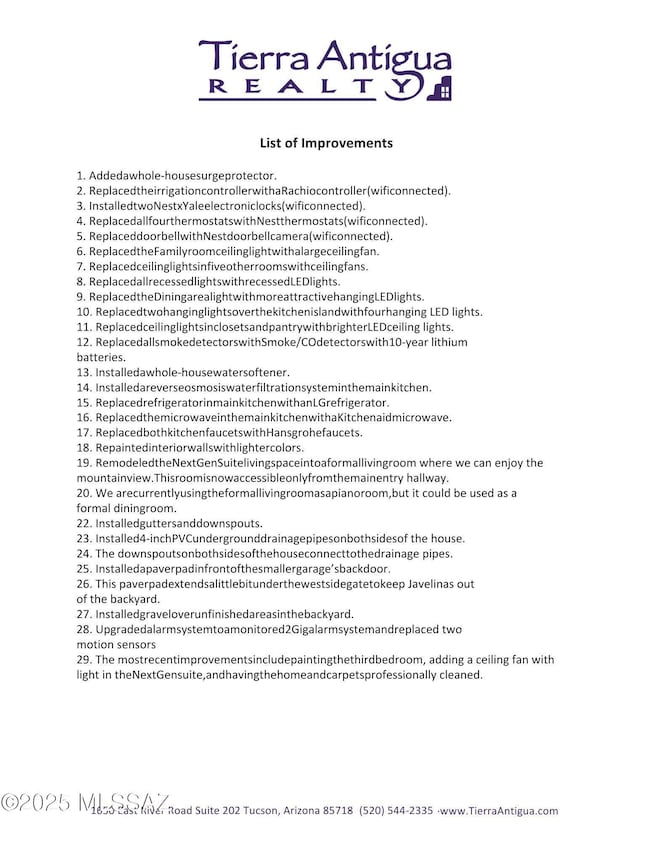 List of Improvements