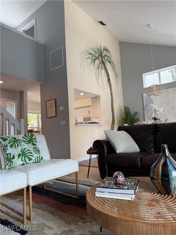 Living area featuring wood finished floors and hig