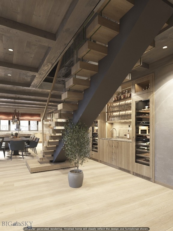 Custom LED-lit staircase and stunning wine wall