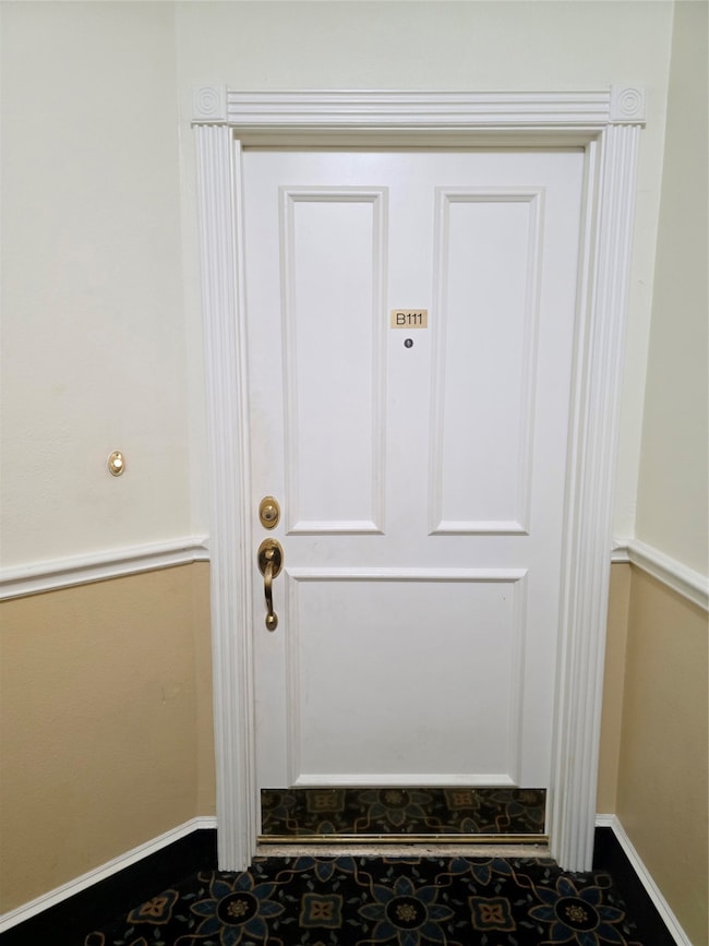 This photo shows a white, paneled door with a bras