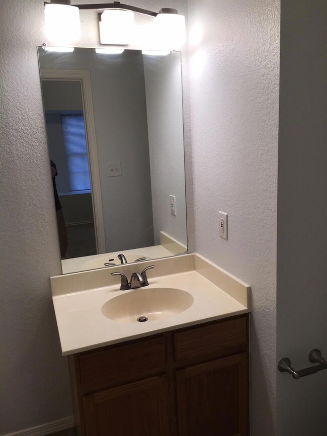 Bathroom with vanity and a textured wall