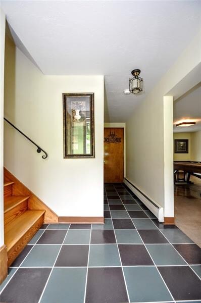 Here is the entryway with the game room off to the right with entry to the back patio.  Straight ahead is the laundry room and half bath and access to the garage.  Up the steps to the left is the living room/dining room and kitchen level.