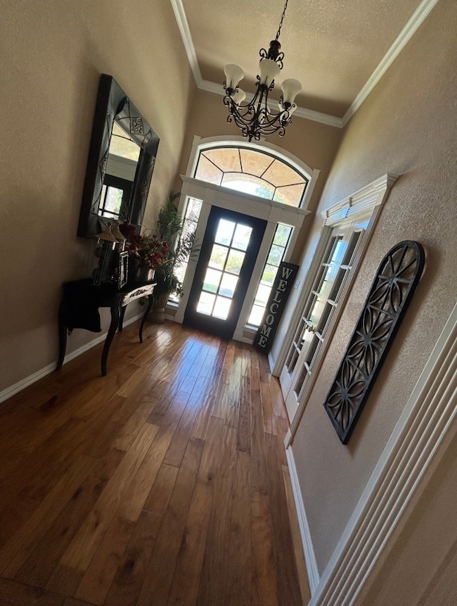 Entryway with a textured wall, a chandelier, crown molding, dark wood finished floors, and a textured ceiling