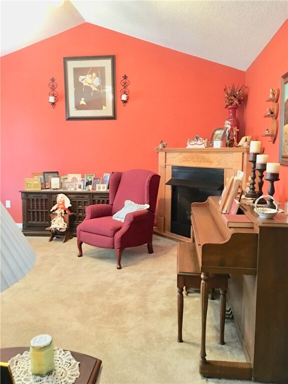 Den has a vaulted ceiling and a fireplace. If you need a fire just push a button. No hassle fire building. Gas logs with a warm fire at the push of a button.