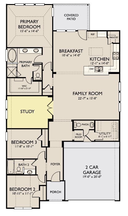 The Chey floorplan includes a home office, kitchen open to the family room, two secondary bedrooms and the owner's suite.
