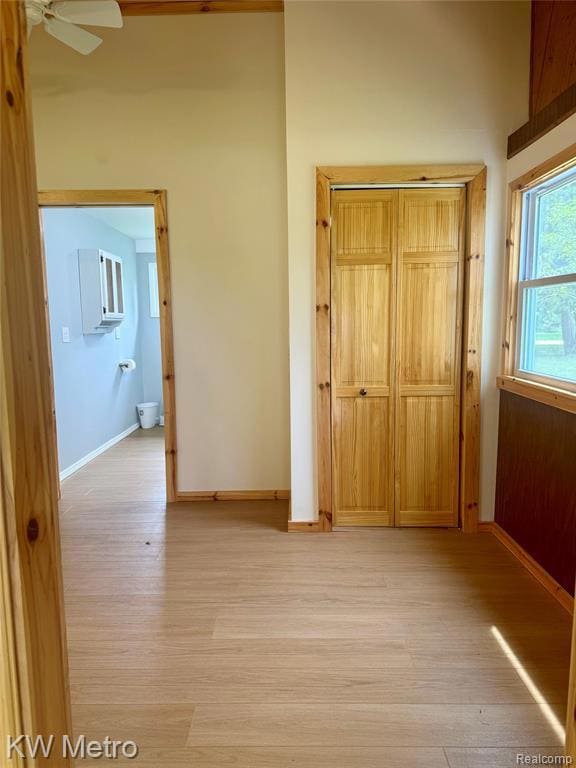Dining area featuring lofted ceiling, wood ceiling, light wood-style flooring, a ceiling fan, and recessed lighting