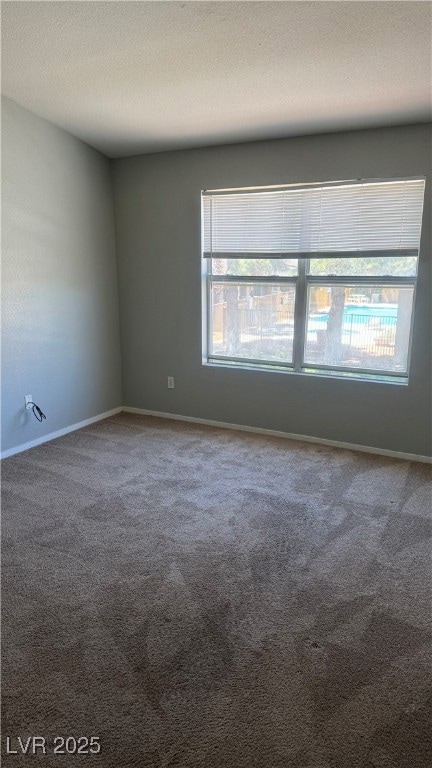 Empty room featuring carpet, baseboards, and a tex