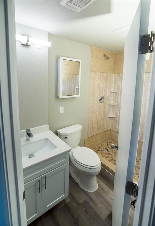 Full bathroom featuring vanity, dark wood-style floors, a stall shower, and a textured ceiling