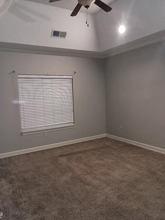 Carpeted empty room with ceiling fan, ornamental m