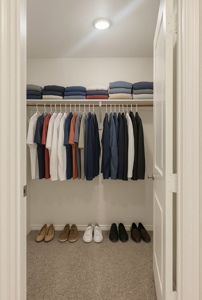 Walk in closet with carpet floors