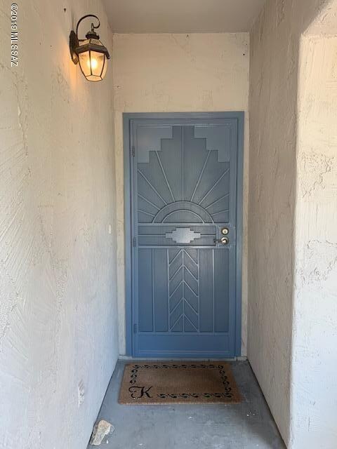 Covered entryway, decorative door