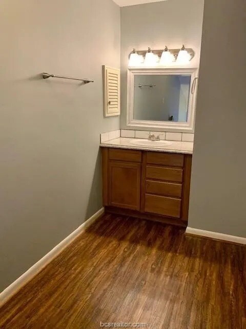 Bathroom featuring wood-type flooring and vanity