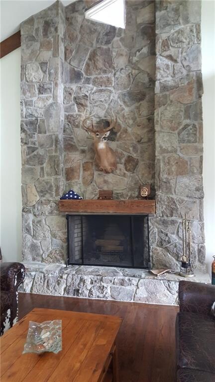 The massive stone fireplace in the living, just on