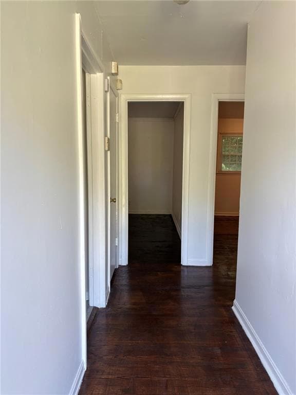 Hall with dark wood-style flooring